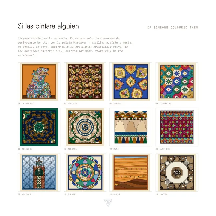 Galería del Vol. I: las doce láminas pintadas con la paleta Marrakech, de arcilla, azafrán y menta