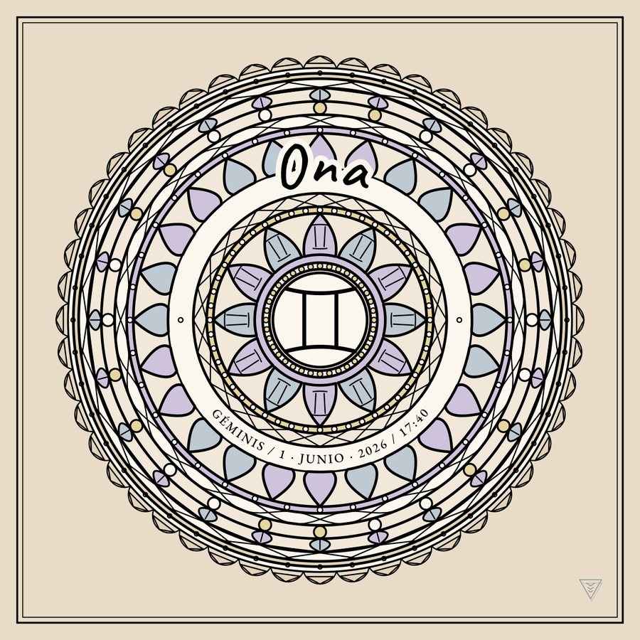 Mandala de nacimiento del signo Géminis, con un nombre de ejemplo